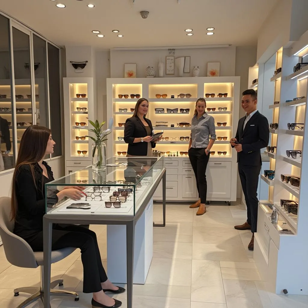 Tým ruelniu v luxusním showroomu s brýlemi